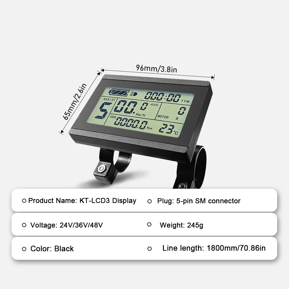 E-bike KT-LCD3 LCD Display Computer 5-Pin SM Connector,24V/36V/48V,Speed Electricity Temperature Display,parts replacement