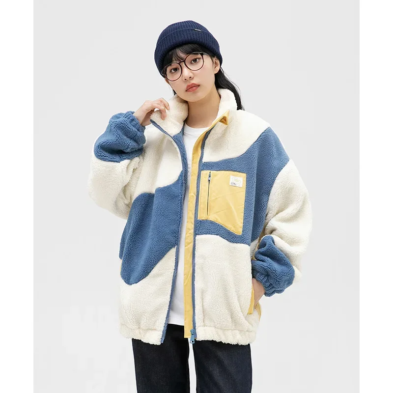 

New Arrival Winter Lambswool Thick Warm Women Varsity Coach Jacket Patchwork Unisex Man Streetwear Bomber Coat Shirt Casual Chic