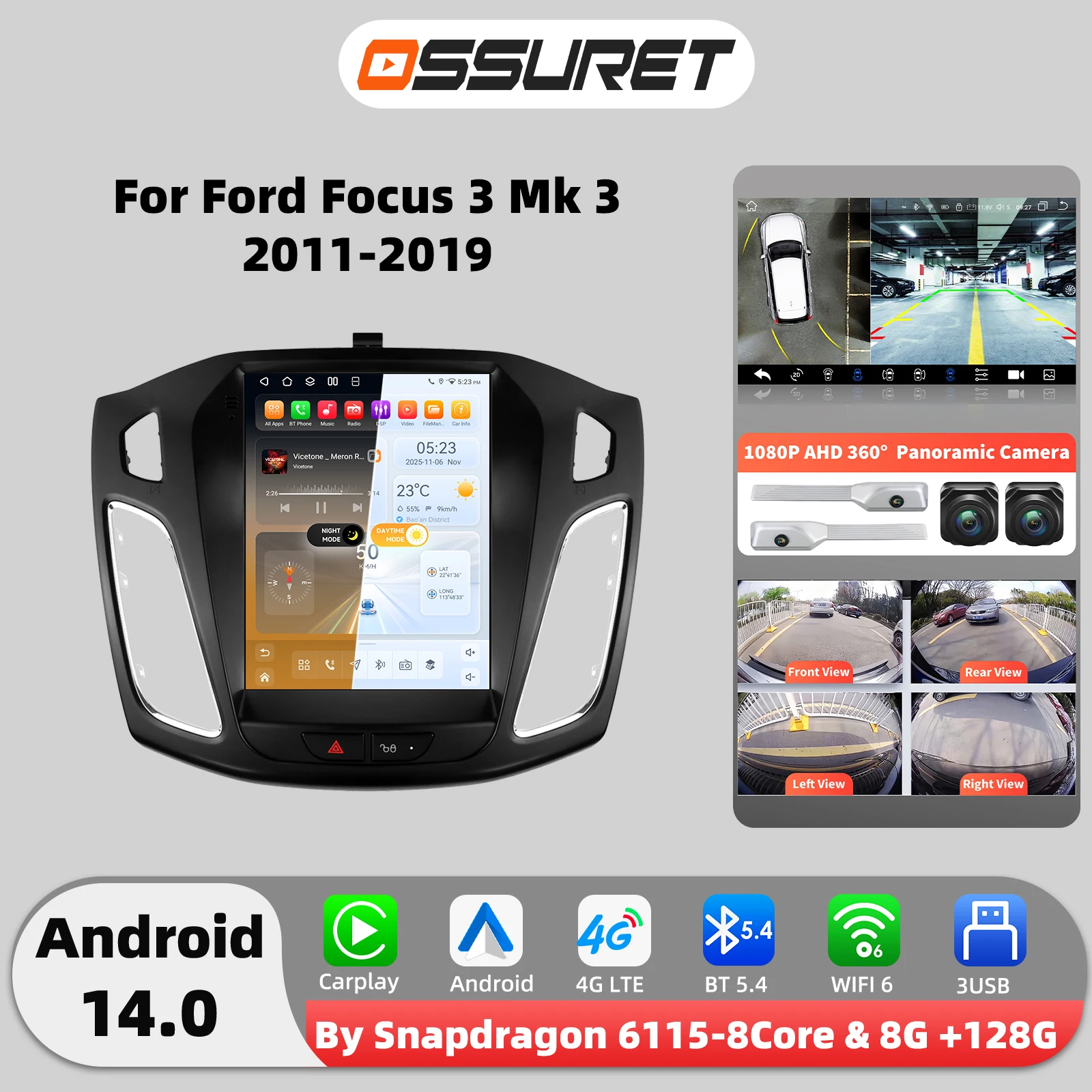 9,7-Zoll 360-Grad-Glas Carplay Android 14 Autoradio für Ford Focus 3 MK 3 2011-2019 mit Snapdragon 8-Kern-Multimedia-Player GPS-Stereo-Bildschirm
