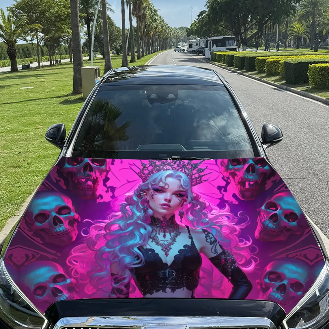 

Neon Skeleton Goddess Car Vinyl Wrap, PVC Material Waterproof Car Hood Sticker, Self-Adhesive Scratch-Resistant Stickers for Eng