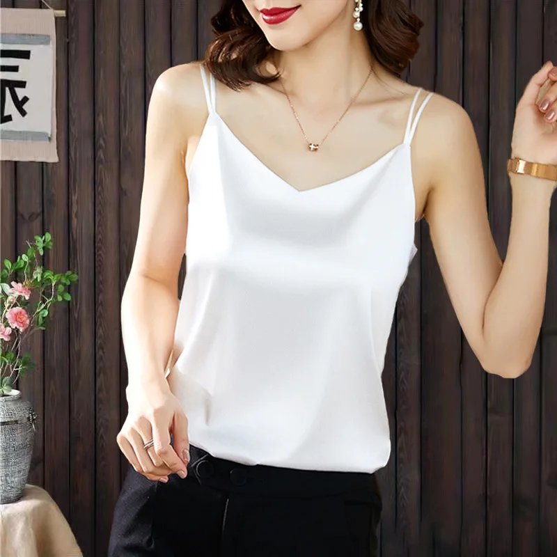 New Fashion Satin Camisole Women\'s Tank Top Inner With White Bottoming Basic Silk Top Summer Solid Strap V-neck Sleeveless Vest