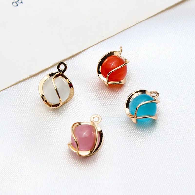 1pcs Diy Accessories Copper Edging Geometric Cat's Eye Stone Antique Earrings Pendant Small Charms Handmade Material