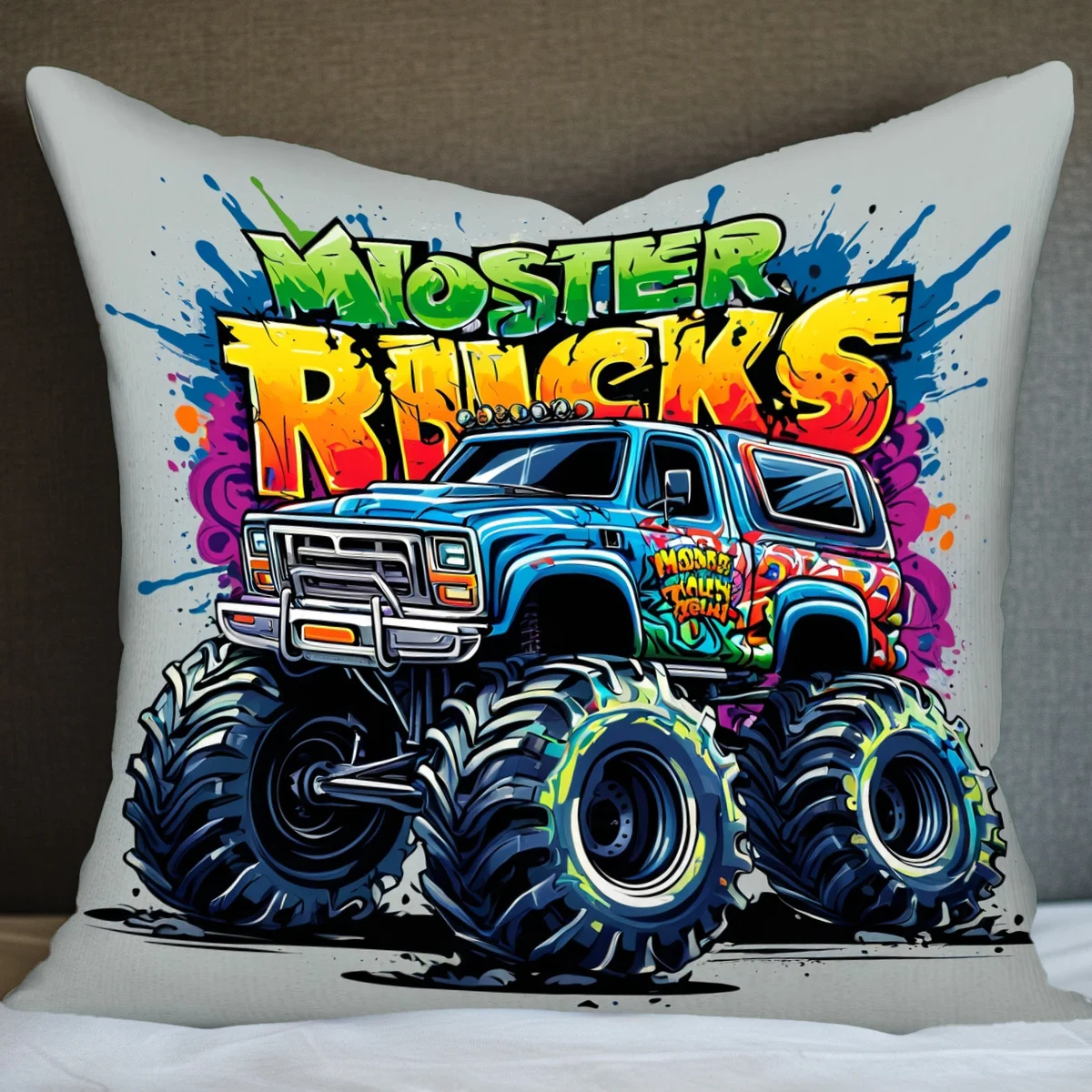 Vibrant Monster Truck with Colorful Splashes Surrounding It, Single-sided Print, No Pillow Insert,Short Plush Cushion Cover,