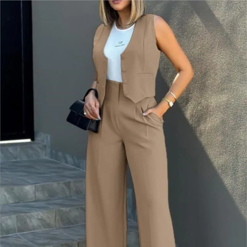 Women\'s Casual Waistcoat Wide Leg Pants Suit Elegant Sleeveless Vest Trousers 2 Pieces Set Solid Color Commuter Lady Pants Set