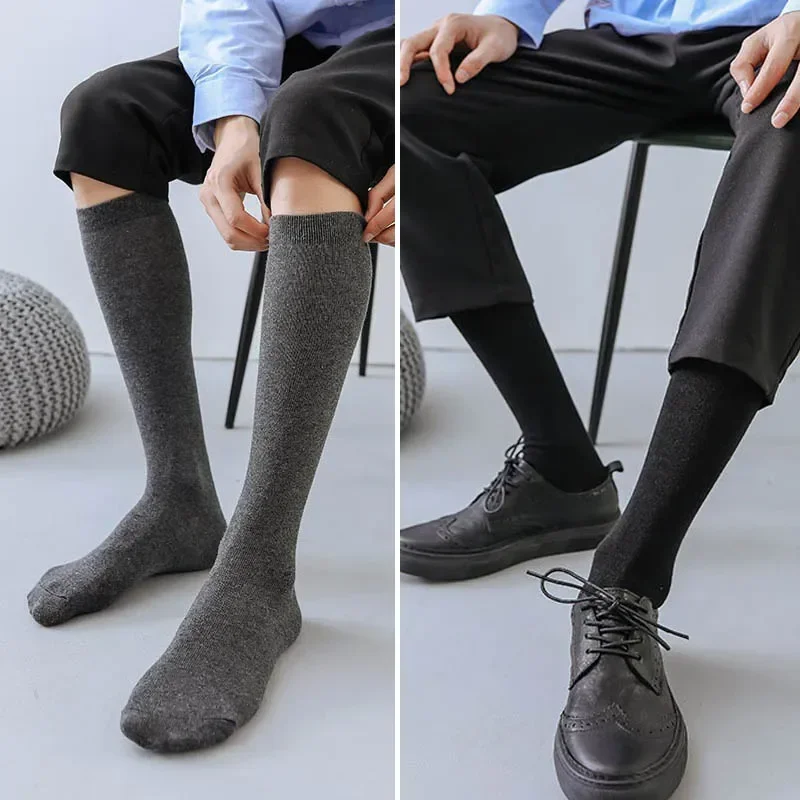 

Men Long Socks Knee High Cotton Solid Business Soft Elastic Party Dress Formal Gentleman Stocking Four Seasons Sokken Brand
