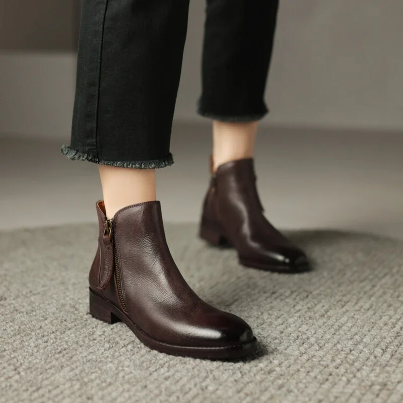 NEW Autumn Women Boots Round Toe Low Heel Boots Women Genuine Leather Shoes for Women Retro Zip Brown Ankle Boots сапоги женские