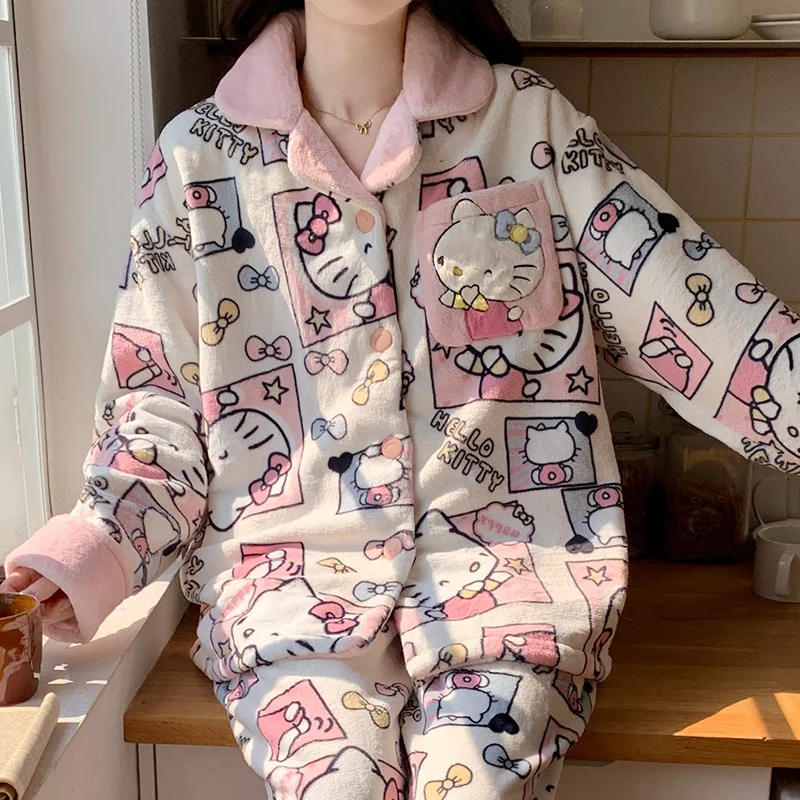 Hello Kitty Pajamas Sanrio Homewear Cartoon Warm Two-piece Set Casual Pajamas Pants Set Sanrio Hello Kitty Women's Pajamas