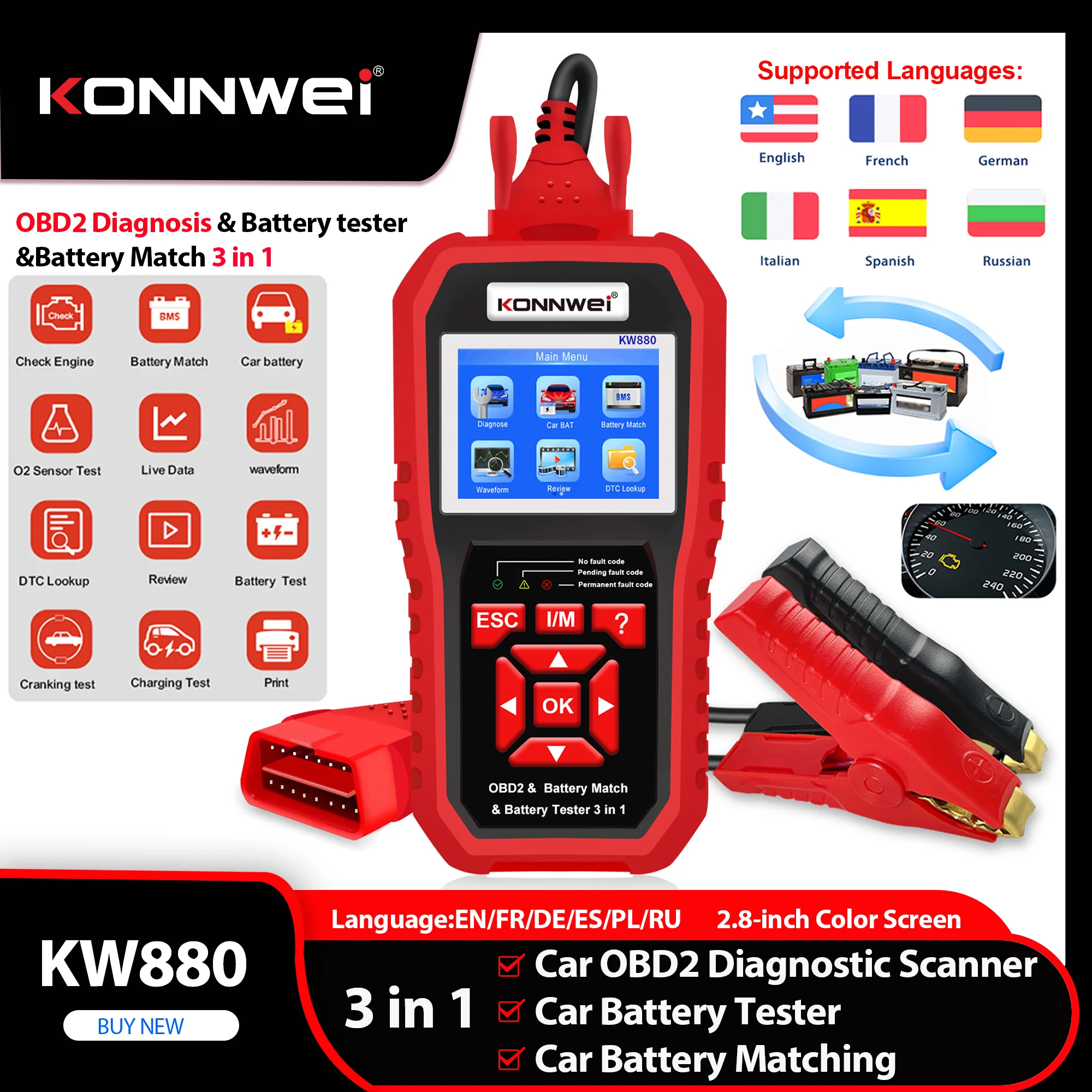 

2026 KONNWEI KW880 12V Car Battery Tester Analizer Car OBD2 Scanner Diagnostic Tool Battery Match 3in1 Full OBD2 Function tool