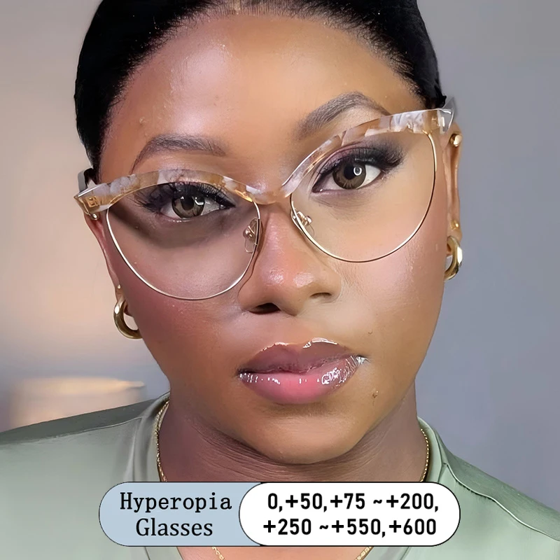 

Brand Design Cat Eye Eyebrow Frame Hyperopia Eyewear Photochromic Anti Blue Ray Computer Women Reading Glasses Custom 0 to +600
