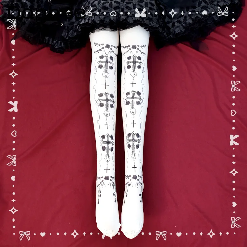 

Японские оригинальные чулки с принтом в стиле Лолиты в стиле ретро в готическом стиле, темные колготки в стиле Лолиты с розами для девочек, базовые чулки для девочек