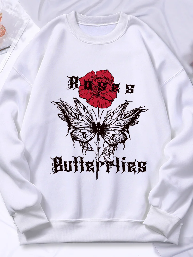 

Roses Butterflies Printed Womens Hoody Loose Comfortable Versatile Hoodies Harajuku Fleece Hoodie Fashion Autumn Soft Female Top