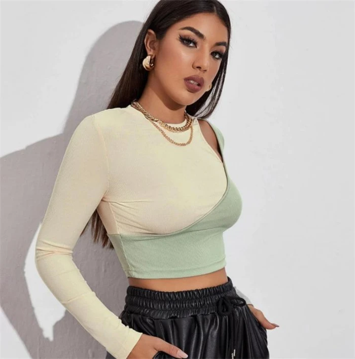 Camiseta corta ort para mujer, camiseta de algodón Street Sle round Ne Hollow out Splice Long Sve Slim Fit, camiseta Faion de otoño irt