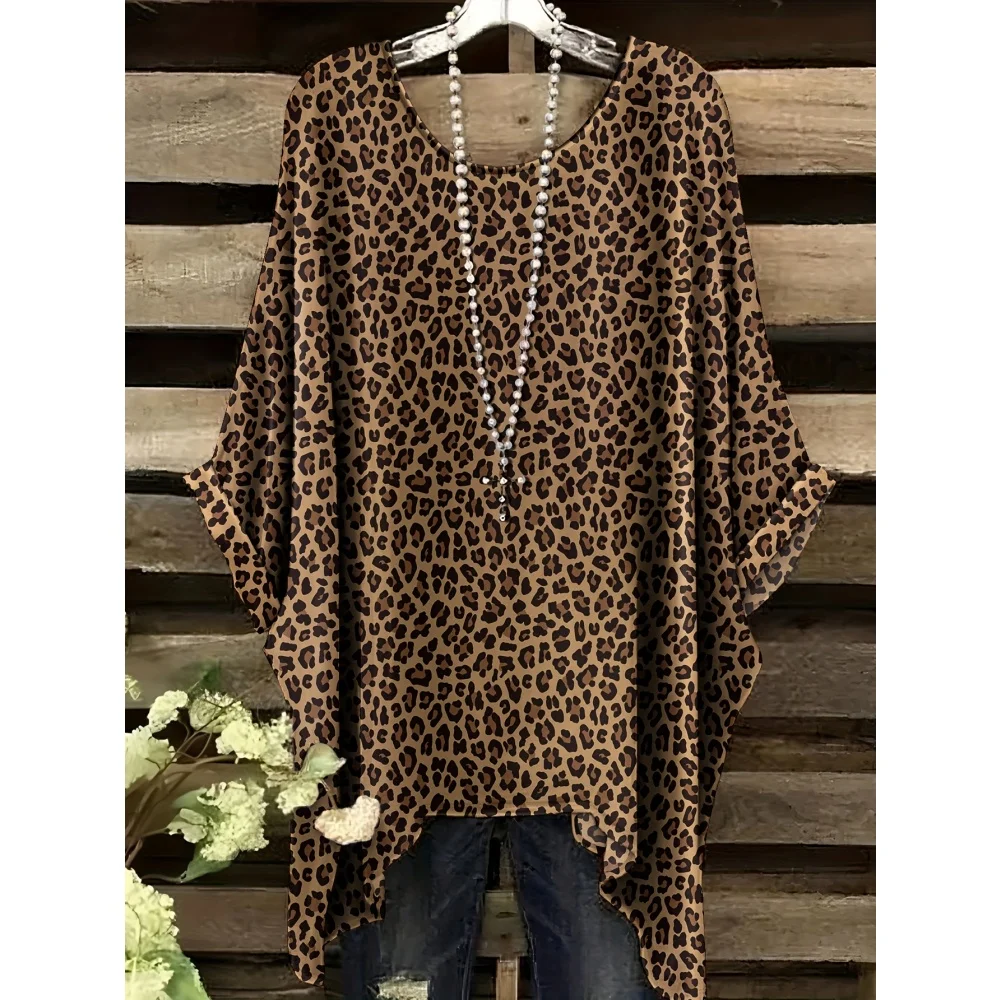 Women's T-Shirt Vintage Leopard Plaid Pattern Print Asymmetrical Hem O-Neck Short Sleeve Tee Casual Fashion Street Outdoor Tops