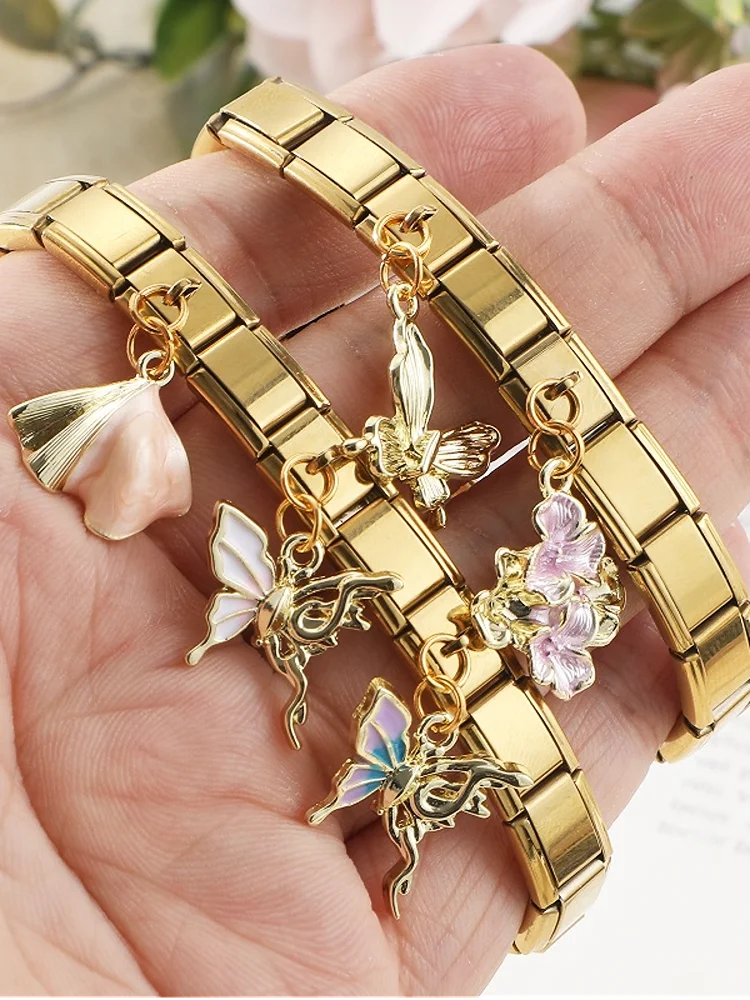 Neue goldene Meeresschalen-Perlen-Sternfisch-Schmetterlings-Anhänger-Perlen passend für 9mm italienische Charm-Armbänder, Edelstahl, DIY-Basteln