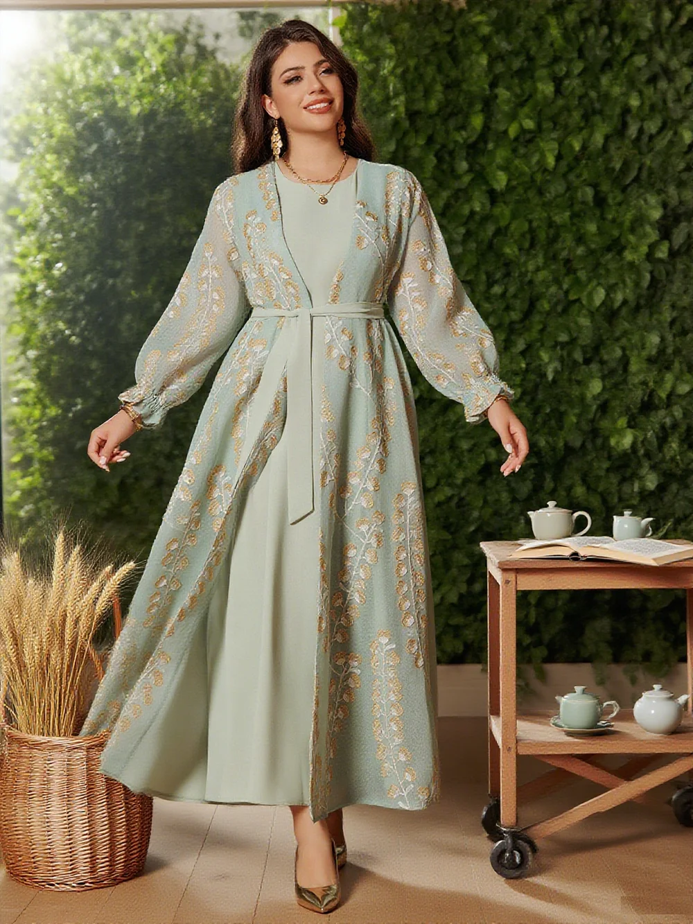 

Верхнее платье Абая с вышивкой и поясом, комплект внутренней нижней юбки без рукавов, мусульманская Абая, женские длинные платья с v-образным вырезом в Дубае, кафтан, Vestidos