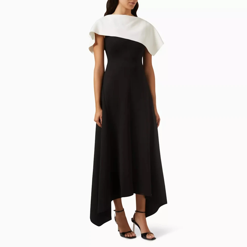 Robe de soirée sirène noire élégante, col bateau, longueur de rinçage asymétrique, robe de soirée de luxe classique, manches cape