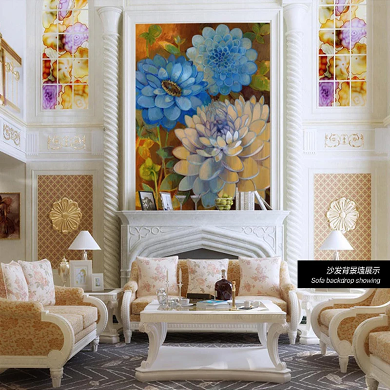 3D European style living room, bedroom sofa TV wall, background wall decoration wallpaper, peanut flower simulation oil painting