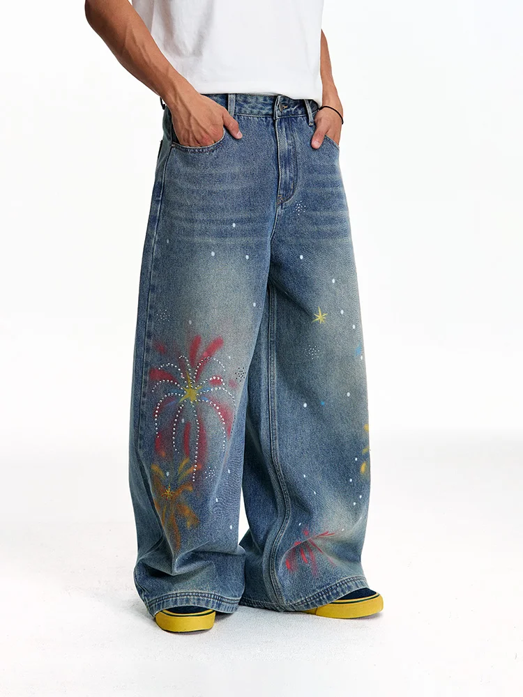 Men Women 2025 Autumn Winter New American Style Printed Rhinestone Long Denim Pants Loose Trendy Jeans Handsome Denim Trousers
