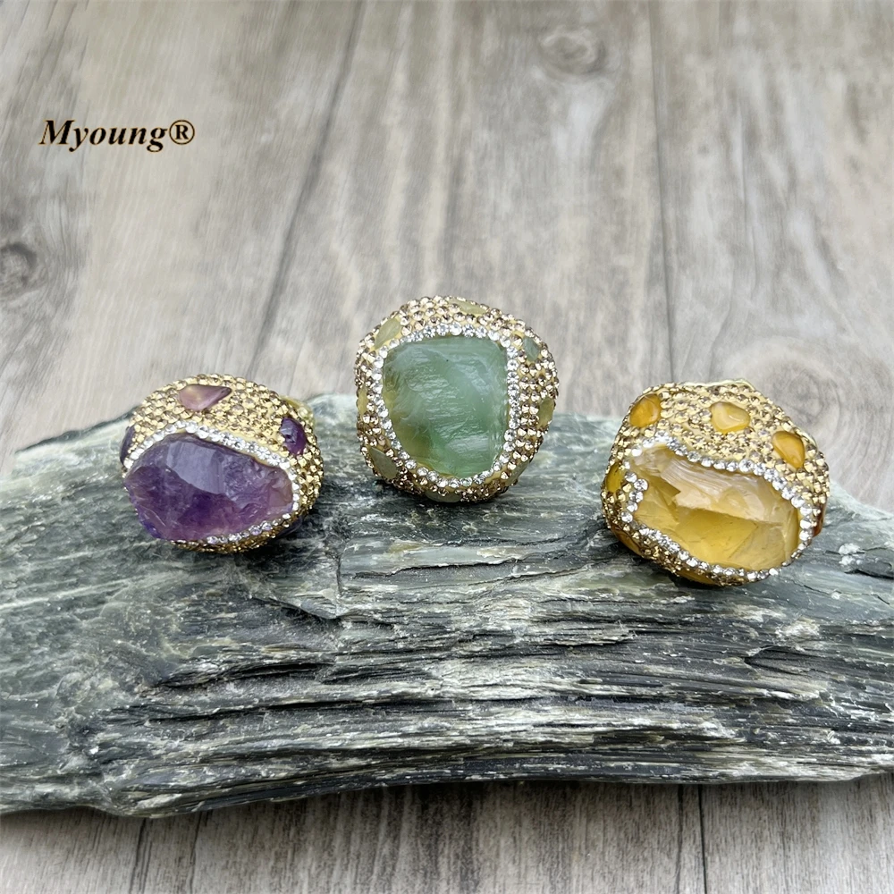 

Boho Women Jewelry Pure Gold Color Large Raw Natural Crystal Fluorite Amethysts Citrines Rose Quarts Adjustable Rings MY230460