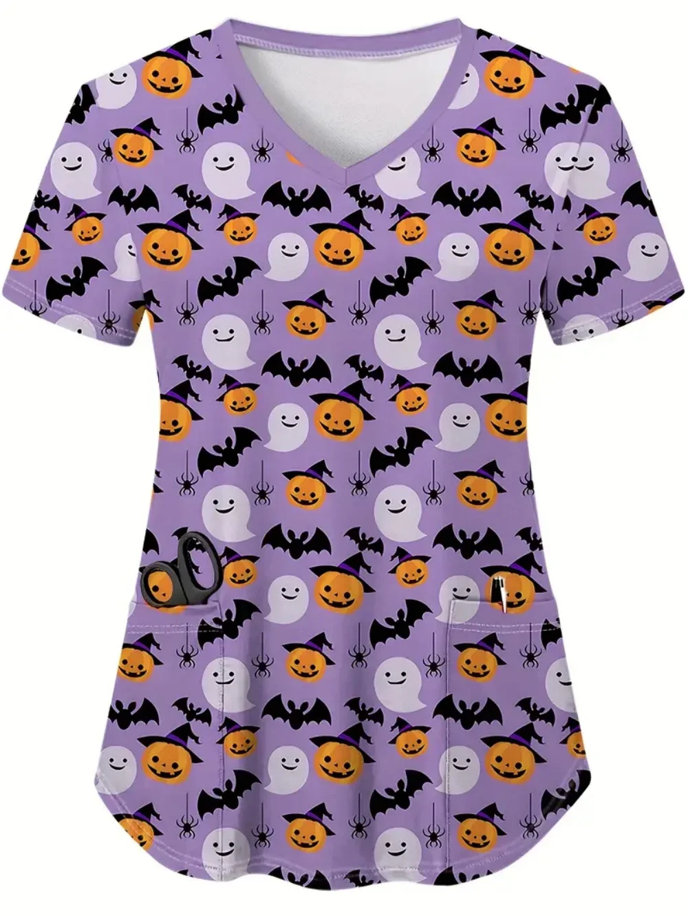 2025 Halloween Series Medical Uniforms Woman Fashion V-Neck Pocket Tops Comfortable Dentist Vet Short Sleeve Woman Health Unifor
