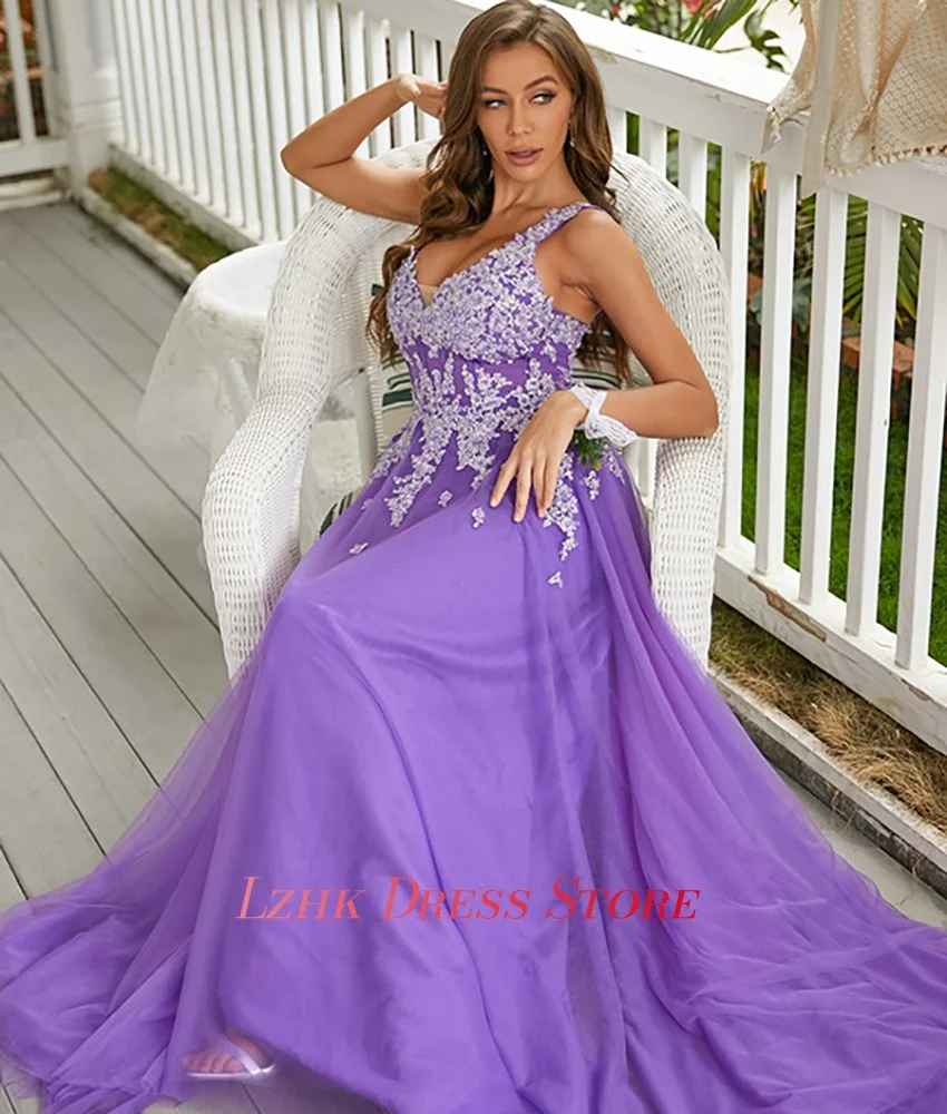 맞춤형 섹시한 오간자 A라인 아플리케 스파게티 스트랩 이브닝 드레스 고품질 V넥 민소매 롱 파티 가운