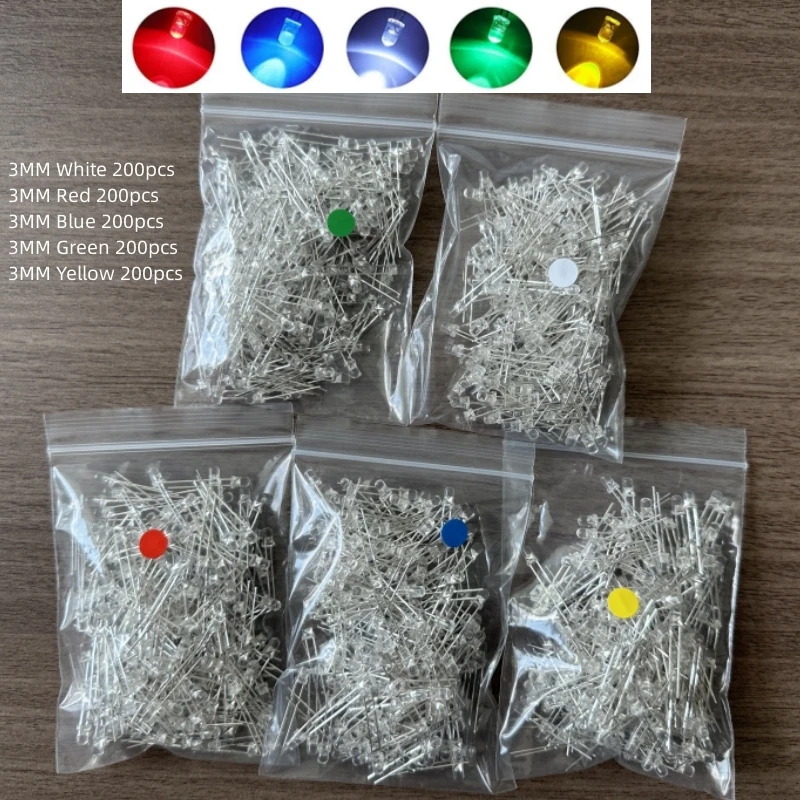 1000 Teile/los 3mm 5mm F3 F5 Runde LED Ultra Helle Weiß Grün Gelb Blau Weiß Rot Leuchtdiode für Diy Kit