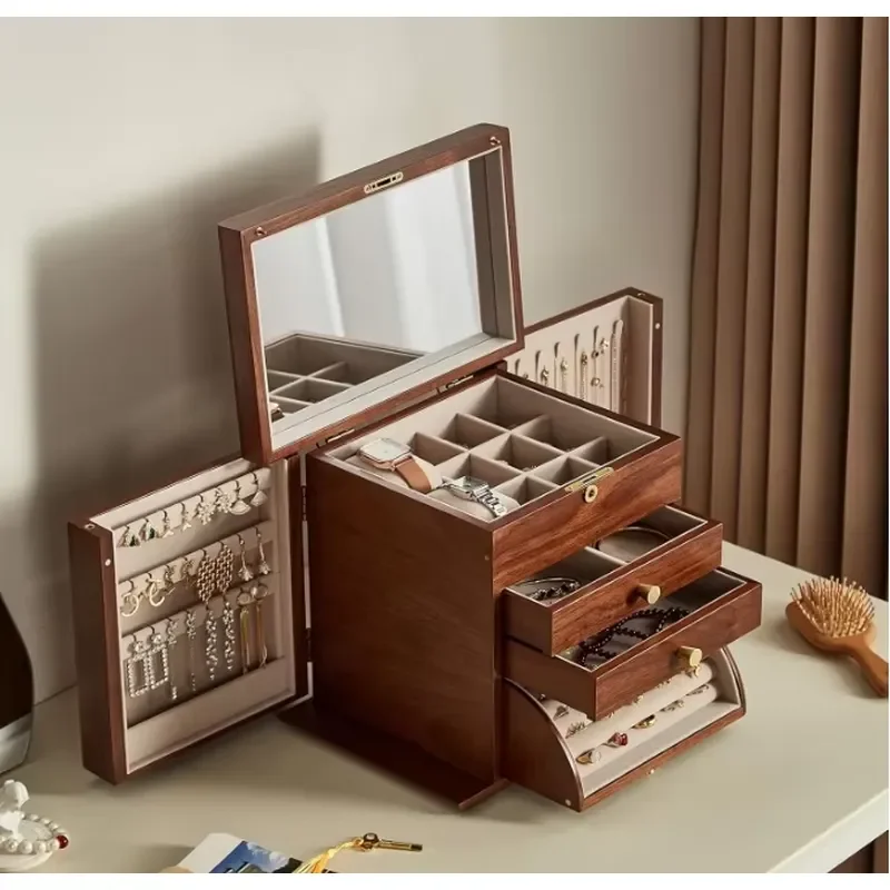 Vintage Walnut Wood Jewelry Box with Mirror Storage Organizer for Earrings Necklace Bracelet Elegant Home Decor Gift Idea