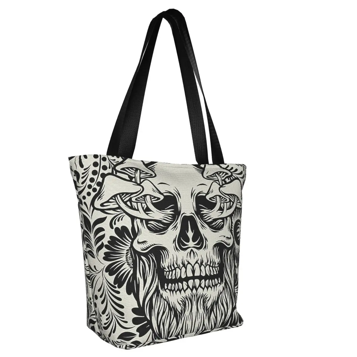 Skull Mushrooms  Gray & Black Goth Polyester outdoor girl handbag, woman shopping bag, shoulder bag, canvas bag, gift bag