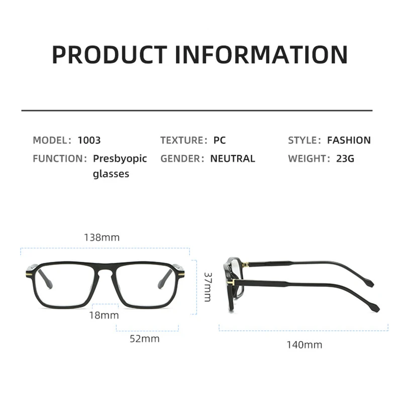 Fashion Reading Glasses Comfortable Durable Rectangular Neutral Frame Presbyopia Eyeglasses Degree From +100 To +400