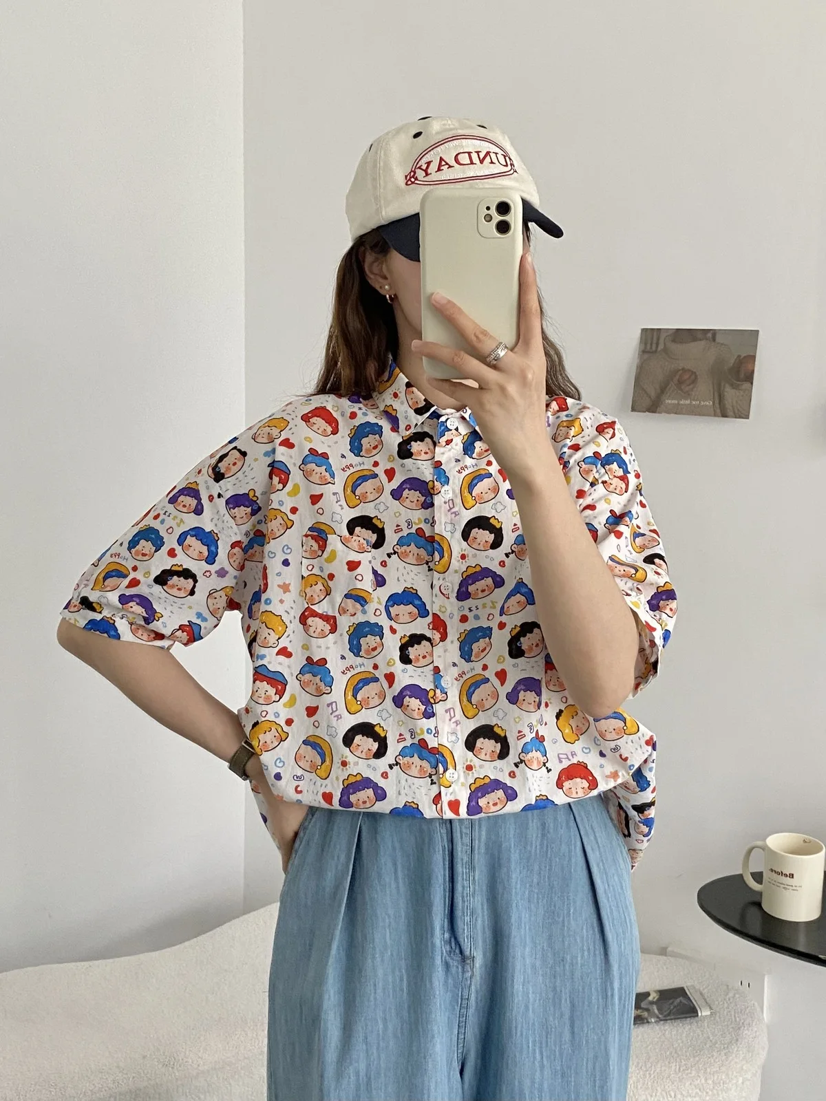 New Spring Cotton Shirts Women Short Sleeve Cute Cartoon Printed Tops Girl Sweet Casual Loose Blouses 2024 Summer T44372QM