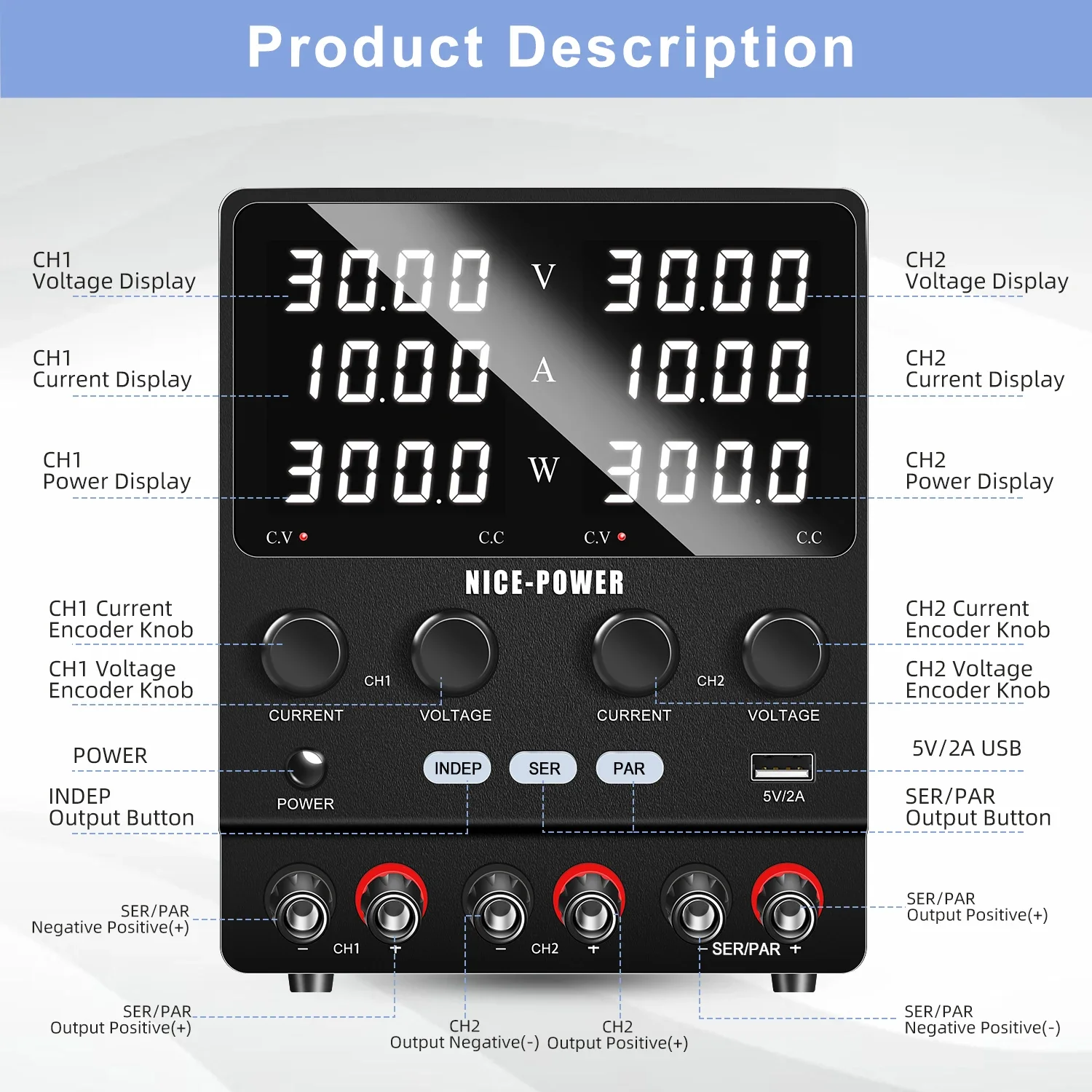 KUAIQU SPS3010-2KD Adjustable DC Dual Channel Desktop Power Supply 30V 6V 10A 20A Output Power Supply Charging And Maintenance