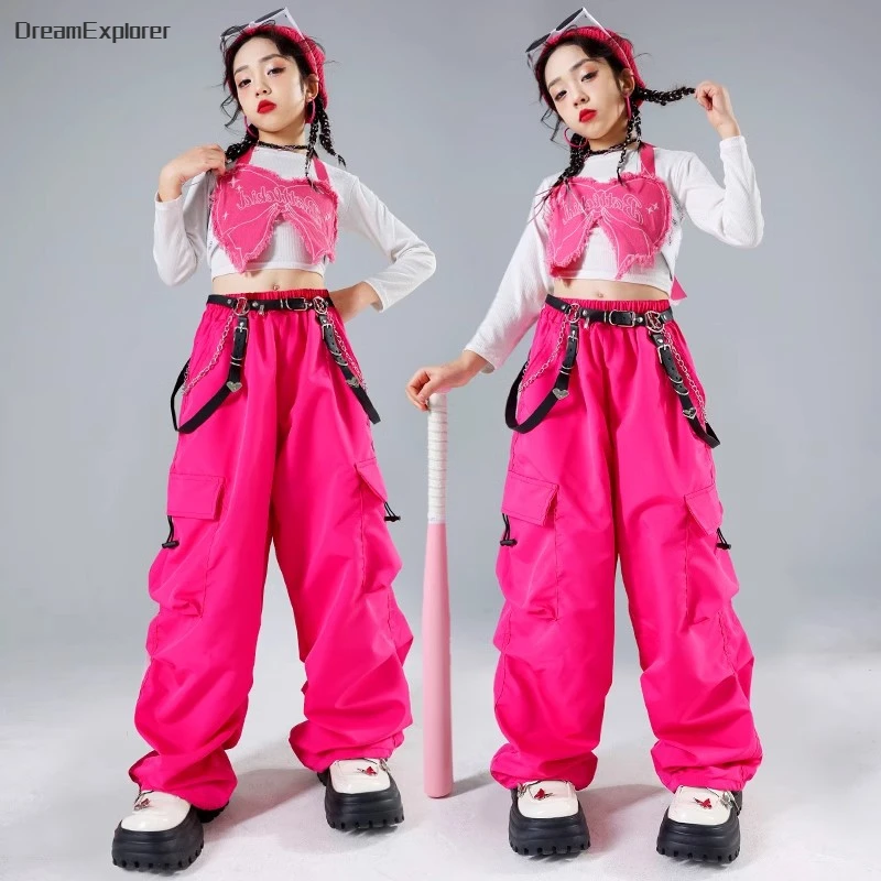 Girls Hip Hop Crop Top Sweet Butterfly Vest Cargo Pants Kids Princess Streetwear Children Jazz Street Dance Costume Clothes Sets