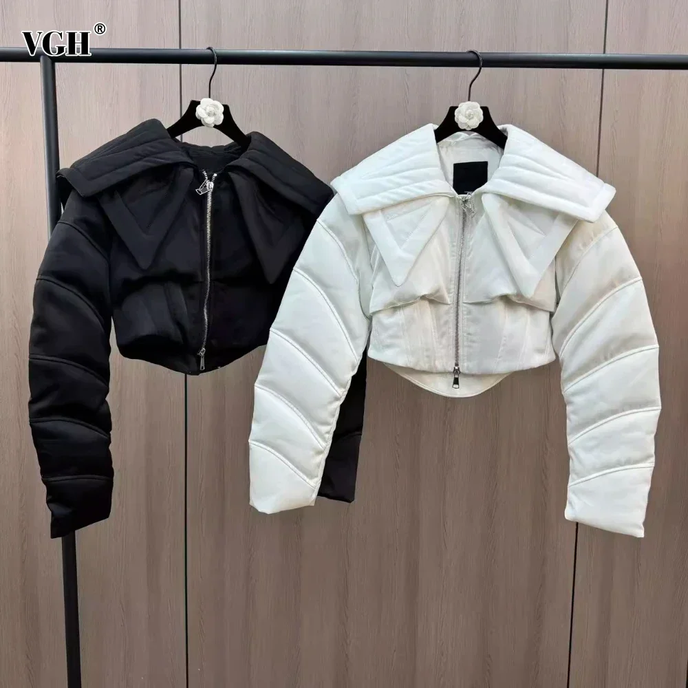 VGH Winter Solid Patchwork Zipper Down Coat for Women Lager Lapel Long Sleeved Versatile Irregular Puffer Jacket Female Clothing