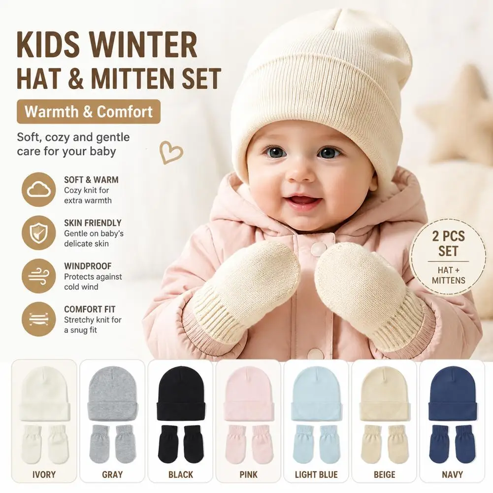 Newborn Baby Hat Gloves  Set Cotton Boys Girls Beanie Solid Color Infant Bonnet Soft Babies Accessories 3Pcs