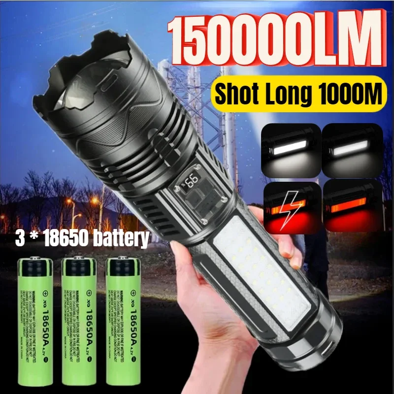 Powerful 150000LM Led Flashlight 3*18650 Battery Zoomable White Laser Torch Type-C Charging Outdoor Camping Tactical Lantern