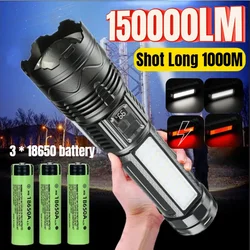 Powerful 150000LM Led Flashlight 3*18650 Battery Zoomable White Laser Torch Type-C Charging Outdoor Camping Tactical Lantern