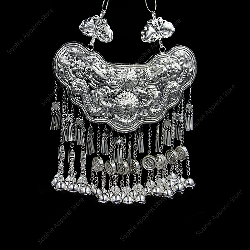 

Китайский долголетие замок Шарм хмонг ювелирные изделия ожерелье Дракон Мяо серебряный кулон украшения танцевальный реквизит Декор фестивальные аксессуары