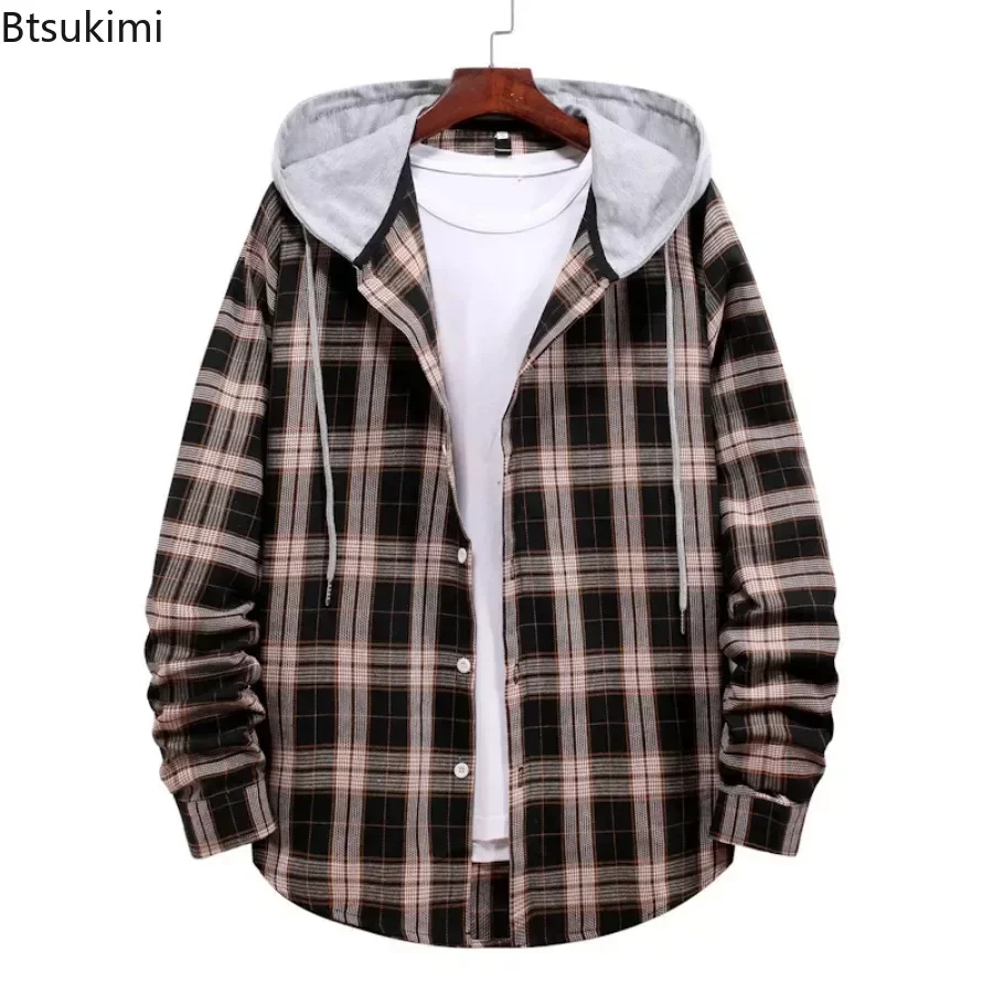 Fashion Men's Plaid Shirts 2024 New Man Hooded Jacket Shirts Casual Daily Streetwear Loose Long Sleeve Hooded Coats for Men Tops