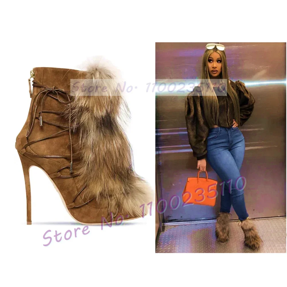 Brown Real Fur Stiletto Ankle Boots Women Trends Outfit Cross Tied Winter Snow Shoes Female Haute Pointed Toe Back Zipper Boots