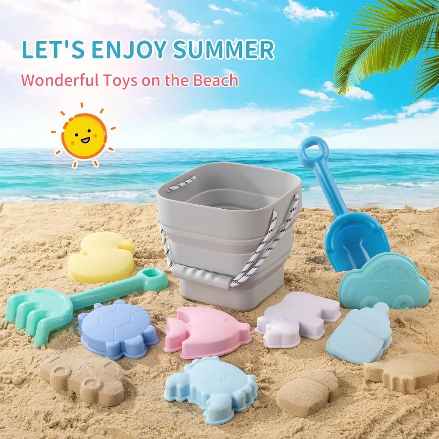 Jouets de plage en Silicone pour bébé, ensemble de plage moderne pour voyage, seau, pelle, 7 moules à sable, sac, jouets de sable pour tout-petits, 11 pièces, gris clair