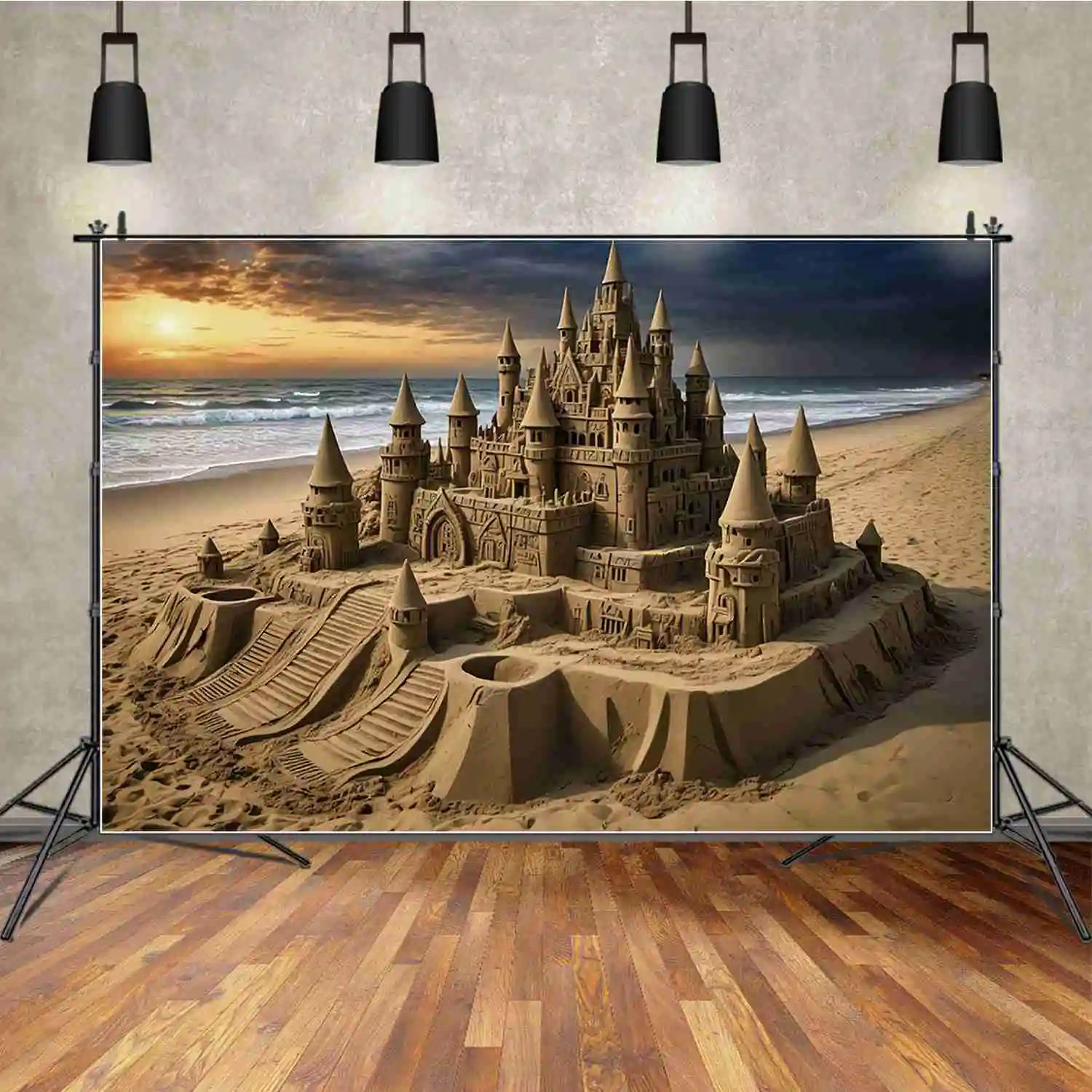 

MOON.QG Sunset Sand Floor Birthday Backdrop Children's Castle Beach Summer Background Custom Party Decoration Photography Props