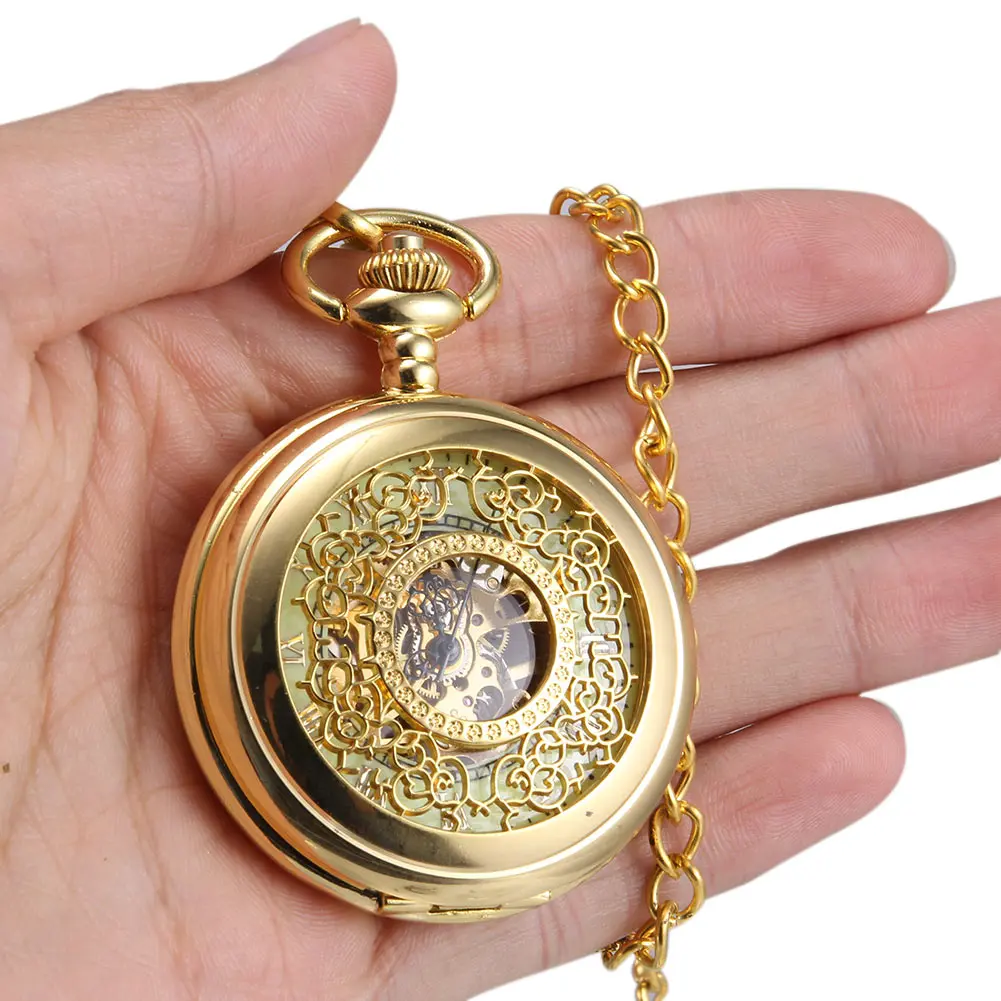 

Men Women Mechanical Pocket Watch Golden Hollow Carved Case with Chain LL@17