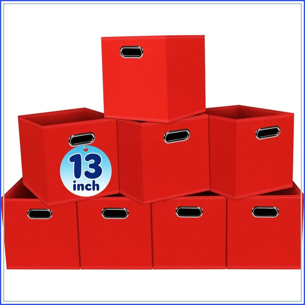 

13x13x13 Fabric Storage Bins, Set of 8, Red - Foldable Cube Organizer with Handles