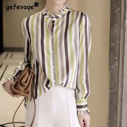 Spring Autumn Female Stringy Selvedge Stand Collar Versatile Chiffon Blouse Contrast Striped Long Sleeved Loose Button Shirt