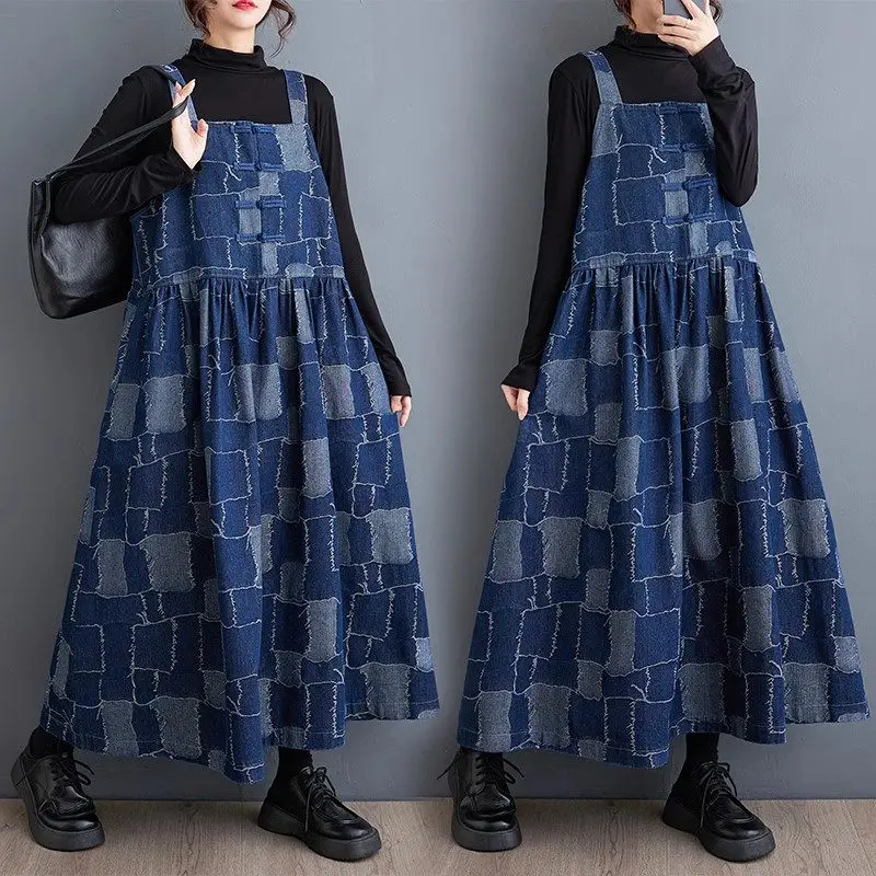 

Denim Strap Dress Women 2023 New Autumn And Winter Button Jacquard Plaid Large Size Loose Fit Vintage Jeans Overall Dress Z3623