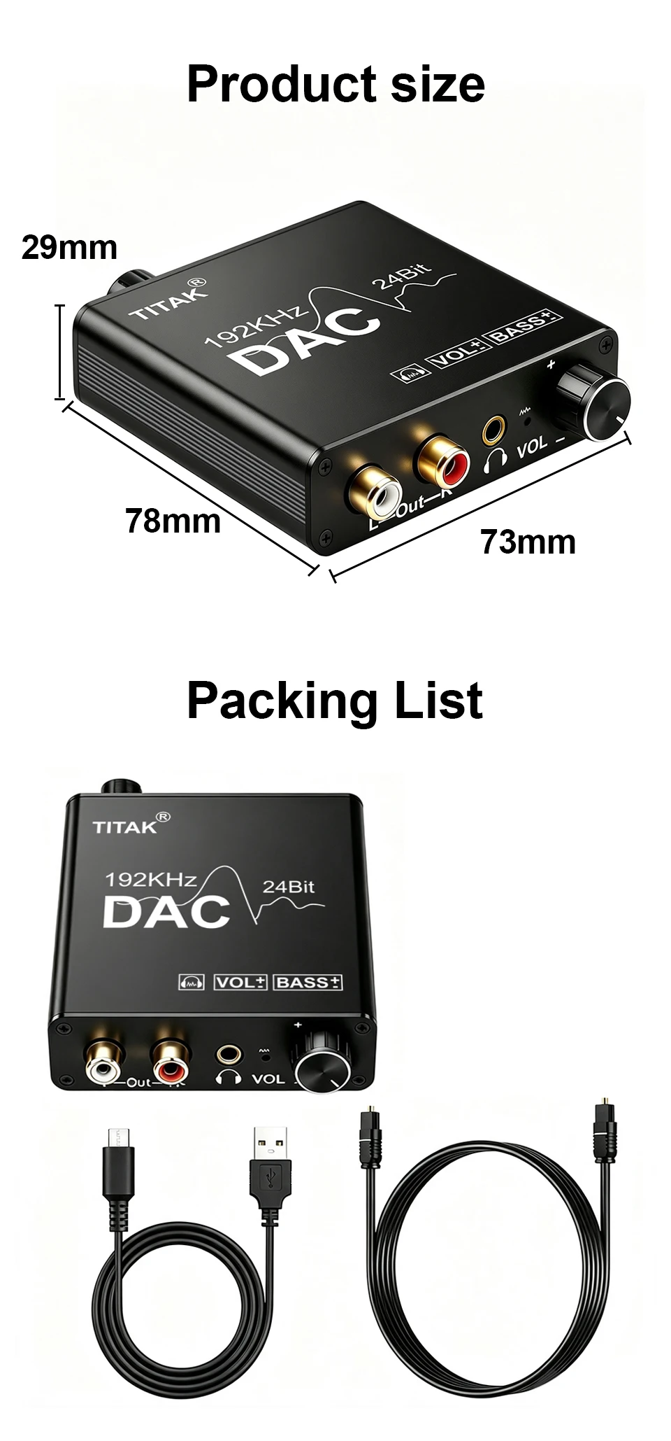 192KHz DAC Digital-Analog-Audio-Konverter Kopfhörerverstärker Basskontrolle Toslink zu RCA Adapter für Heimkino USB-Stromversorgung – Detail 9