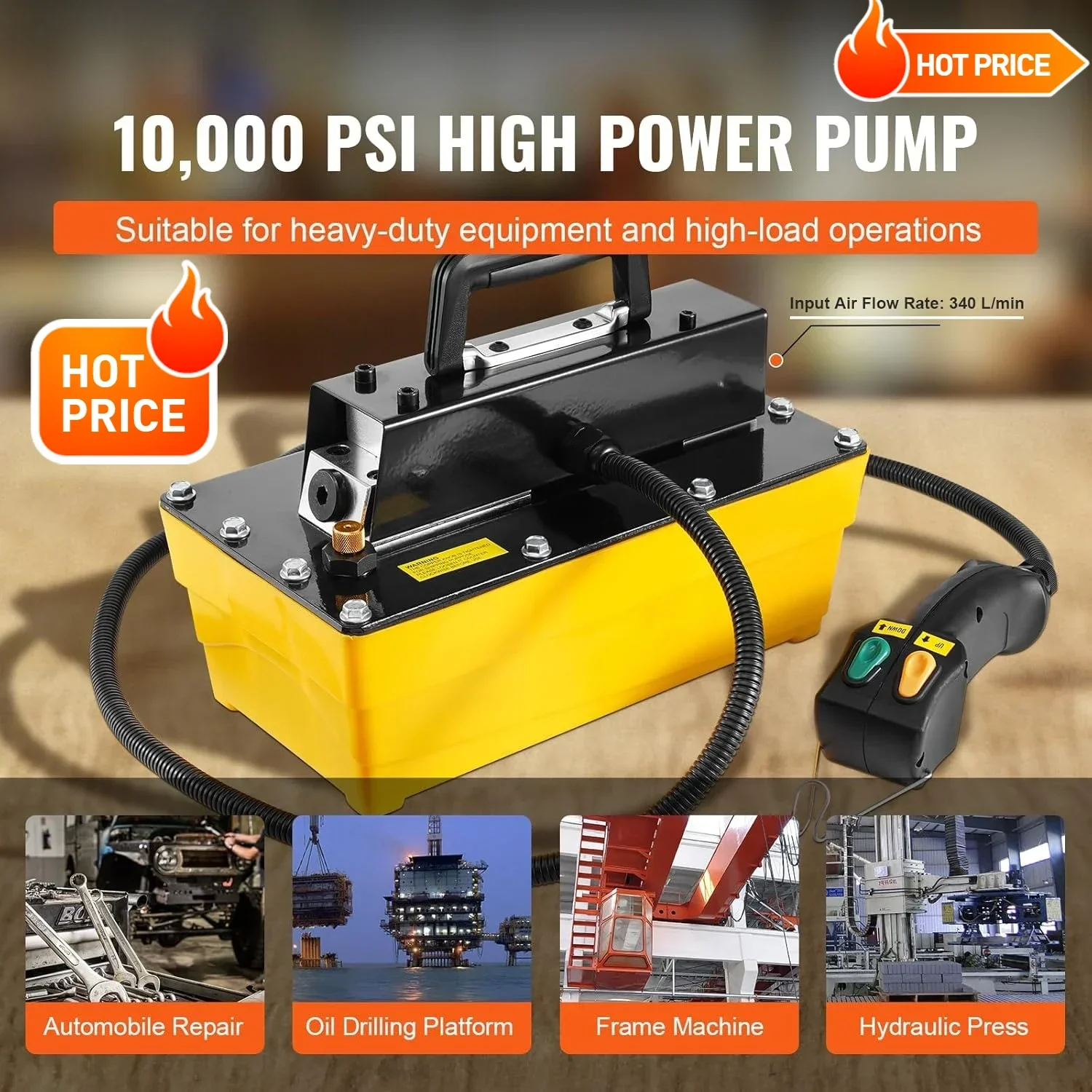 10,000PSI Air Hydraulic Pump, 0.61 Gal Reservoir, NPT 3/8 In Oil Outlet, NPT 1/4 In Inlet, Plastic Air Hydraulic Pum