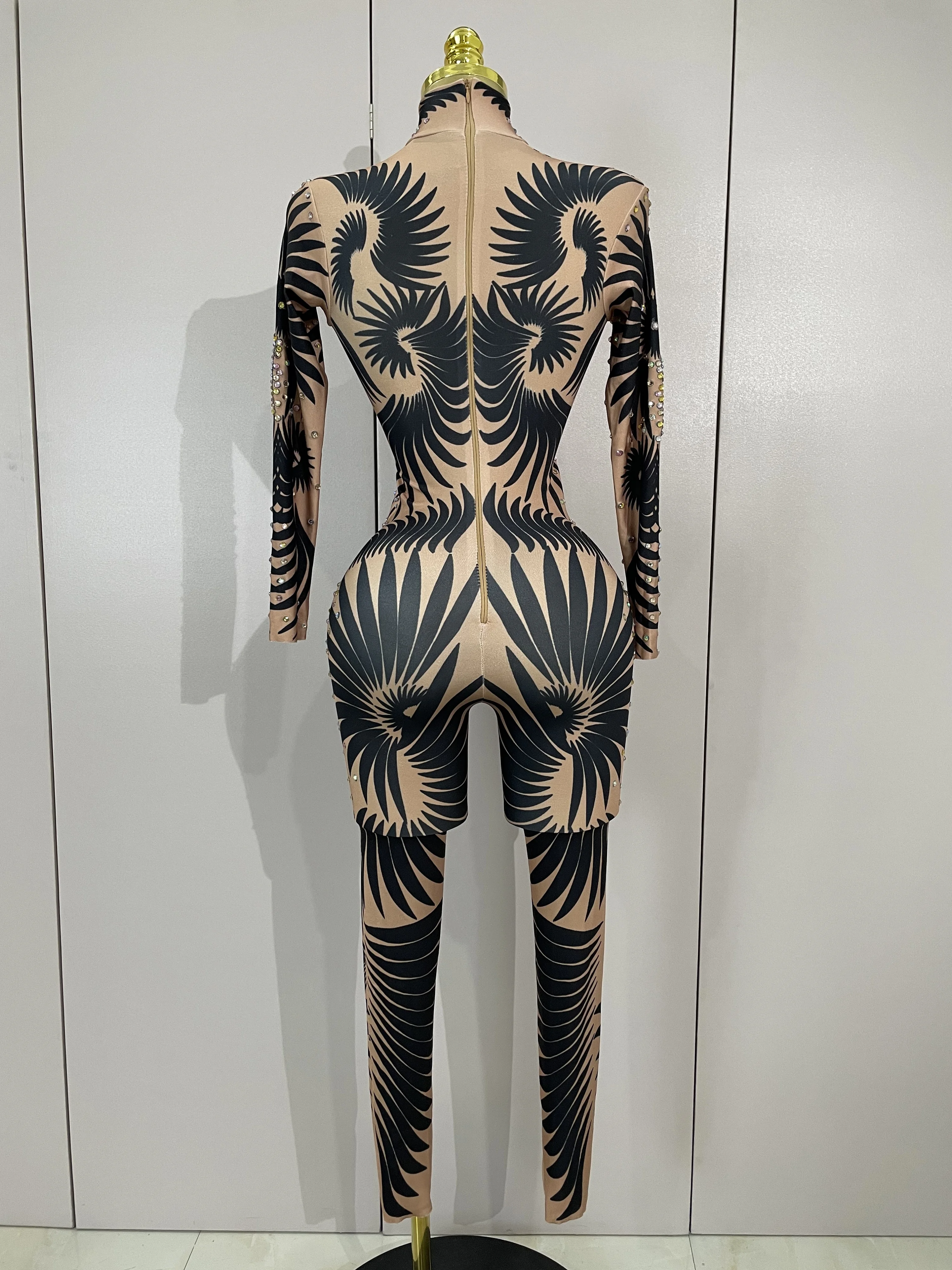 반짝이는 라인스톤 프린트 섹시한 긴 소매 스트레치 점프수트 여성 이브닝 파티 나이트클럽 드래그 퀸 쇼 무대 공연 롬퍼