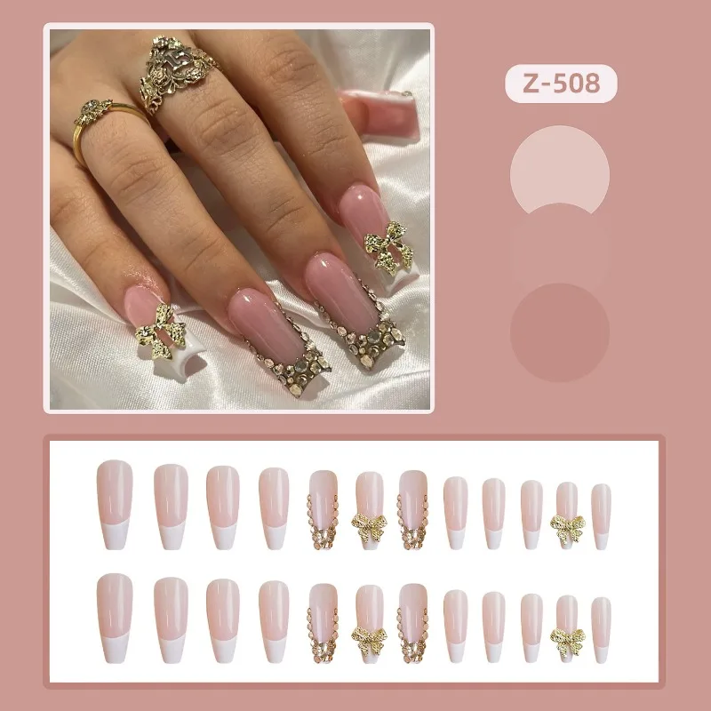 24-delige groothandel opdruknagel witte Franse tips met gouden vlinderontwerp en fonkelende steentjes - perfect cadeau voor vrouwen