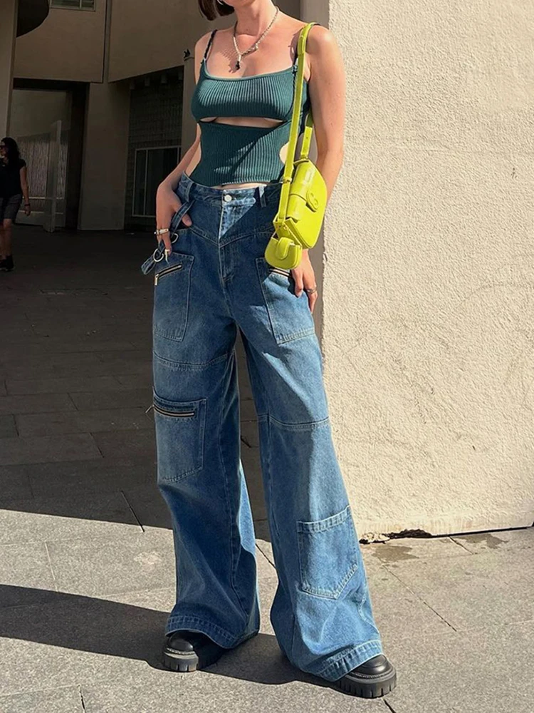 SUCHCUTE Streetwear Zipper Women Jeans Korean Fashion Low Waist Denim Trousers Y2K Harajuku Casual Pocket Up Loose Pants 2000s